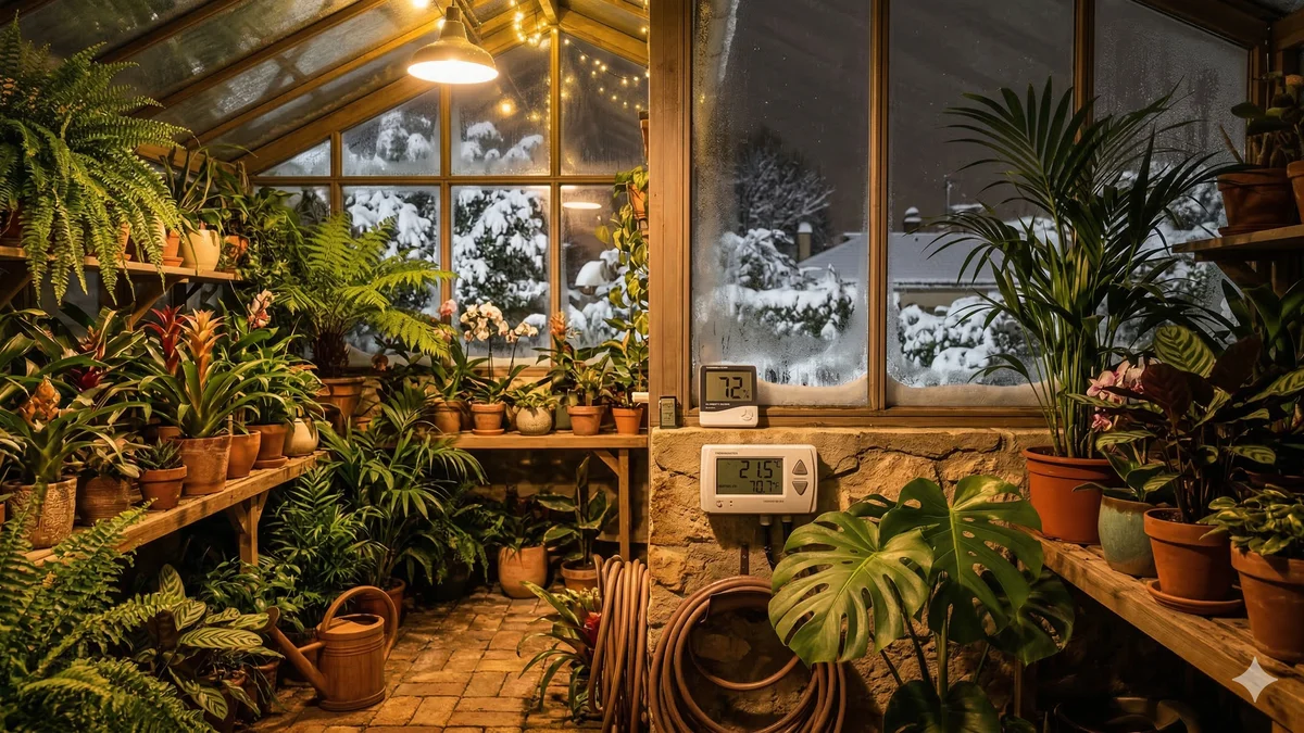 Intérieur d'une serre chauffée avec thermostat et plantes tropicales en hiver