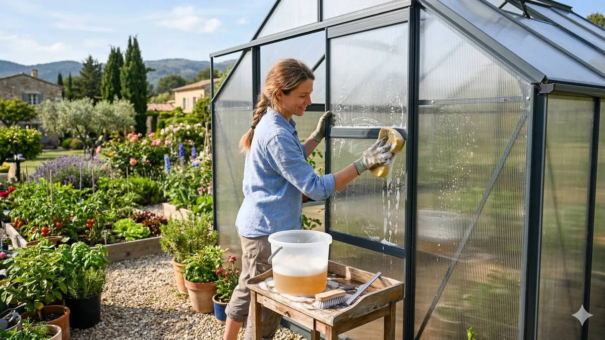 Nettoyage des parois d'une serre de jardin en polycarbonate avec éponge et eau savonneuse