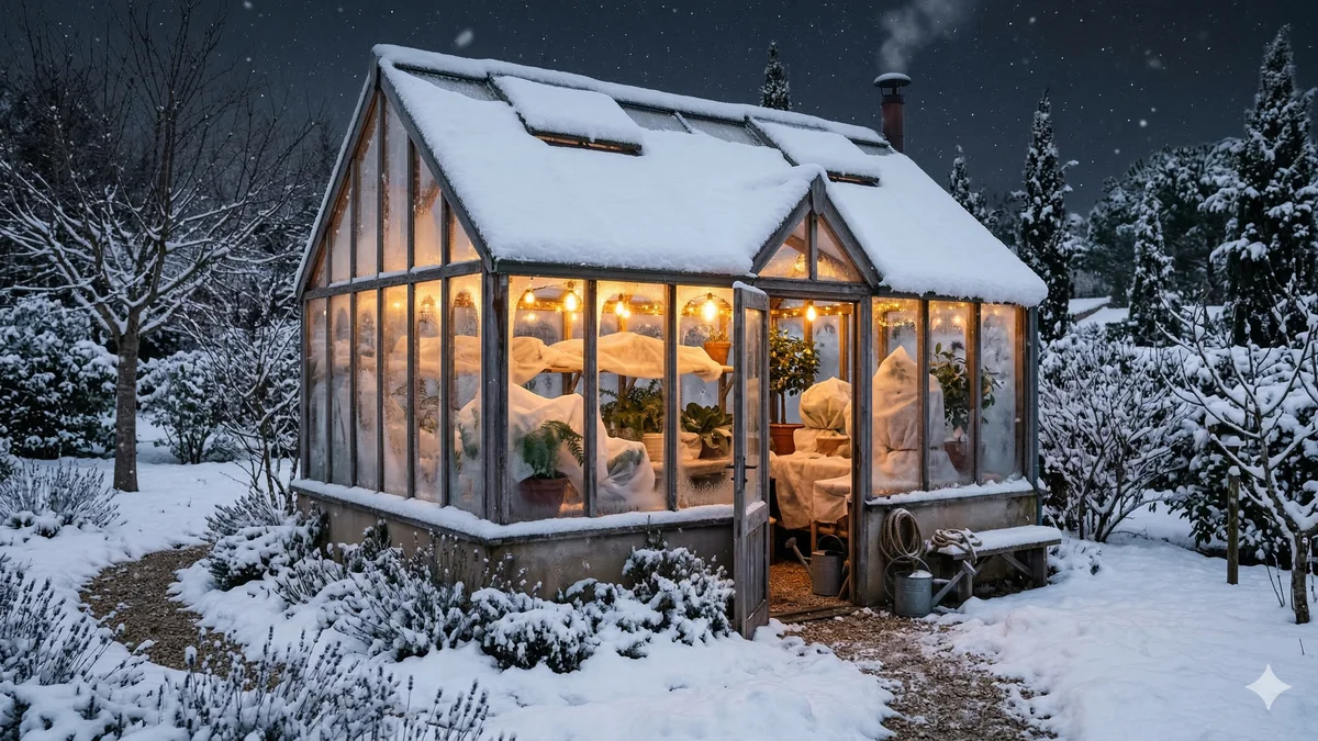 Serre de jardin en hiver avec neige à l'extérieur et plantes protégées à l'intérieur