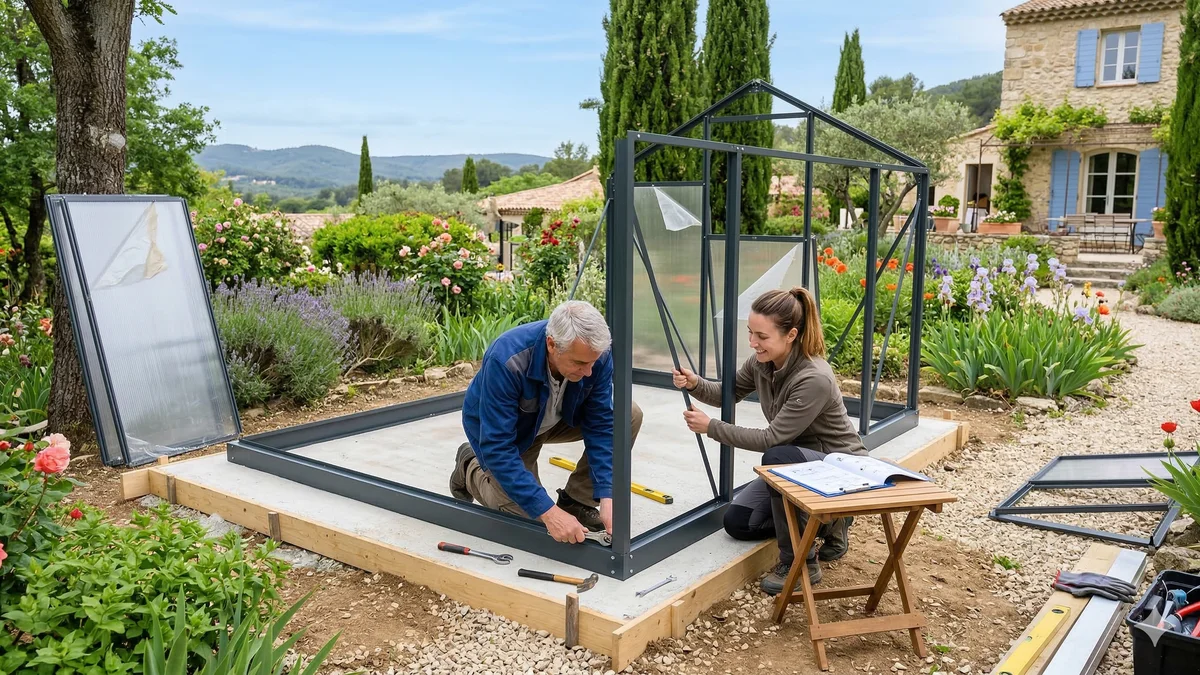 Installation d'une serre de jardin en aluminium avec pose de la fondation et des panneaux