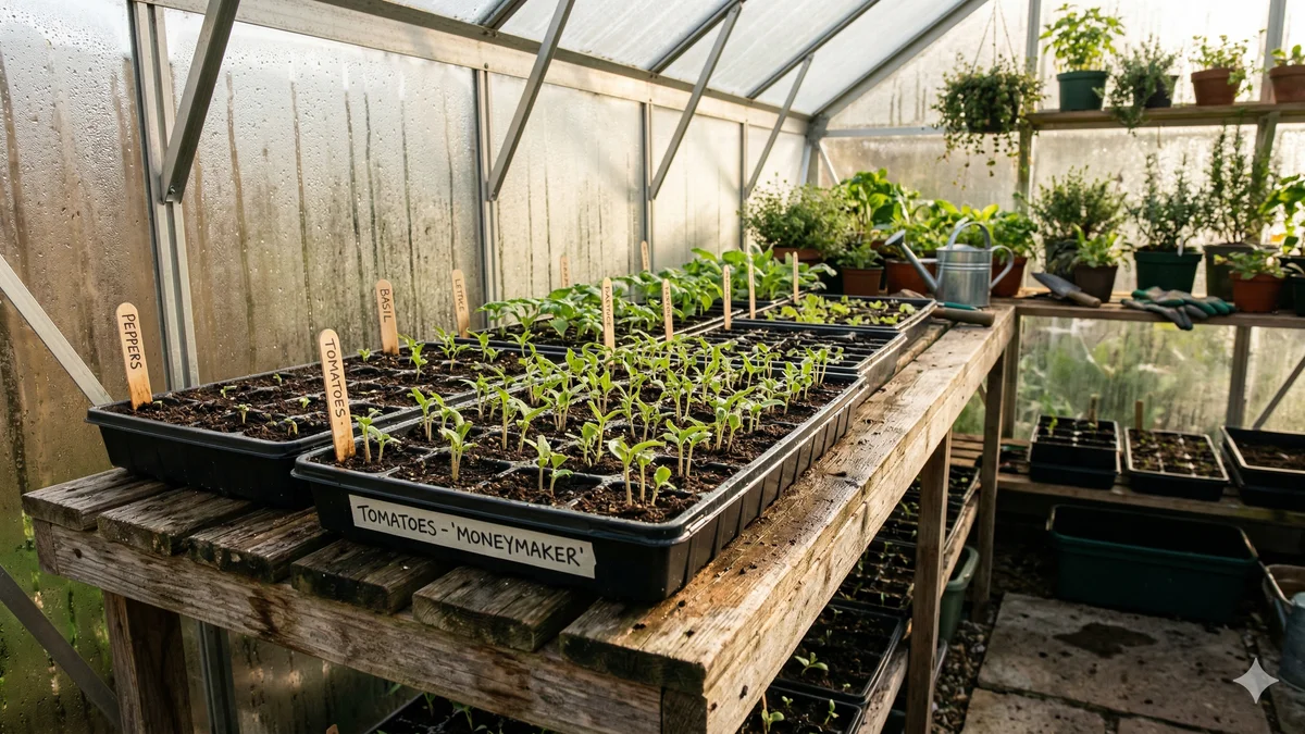 Plateau de semis dans une serre de jardin au printemps avec de jeunes pousses vertes sur un plan de travail en bois