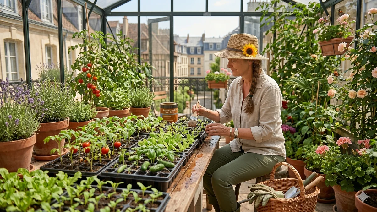 Femme au chapeau de paille soignant des plateaux de semis dans une serre de jardin, tomates et fleurs en arrière-plan