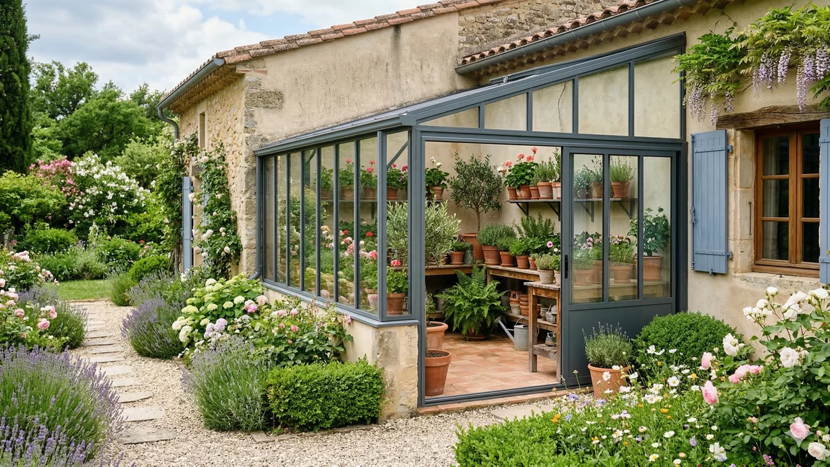 Serre de jardin adossée contre un mur de maison avec des plantes à l'intérieur