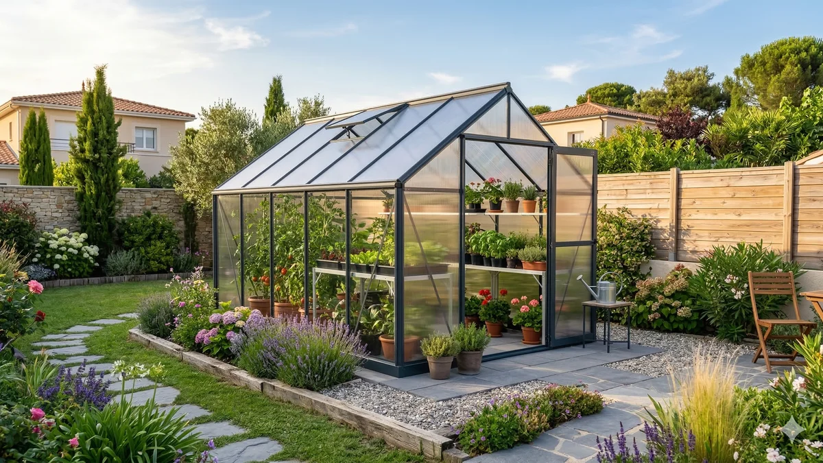 Serre de jardin en aluminium anodisé avec vitrages polycarbonate dans un jardin soigné