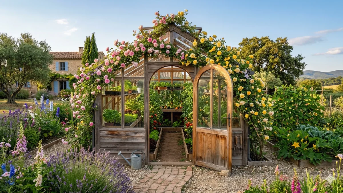 Belle serre de jardin en bois de cèdre avec vitrages et plantes en fleurs