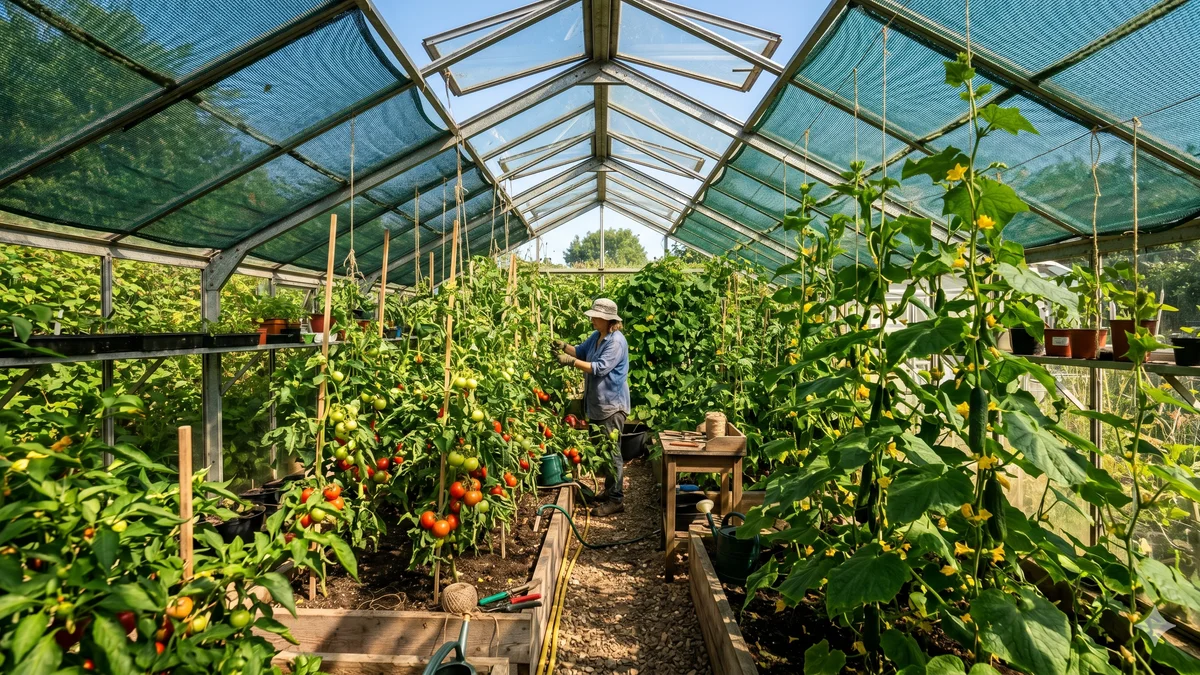 Intérieur d'une serre de jardin avec filet d'ombrage vert et fenêtres de toit ouvertes en été