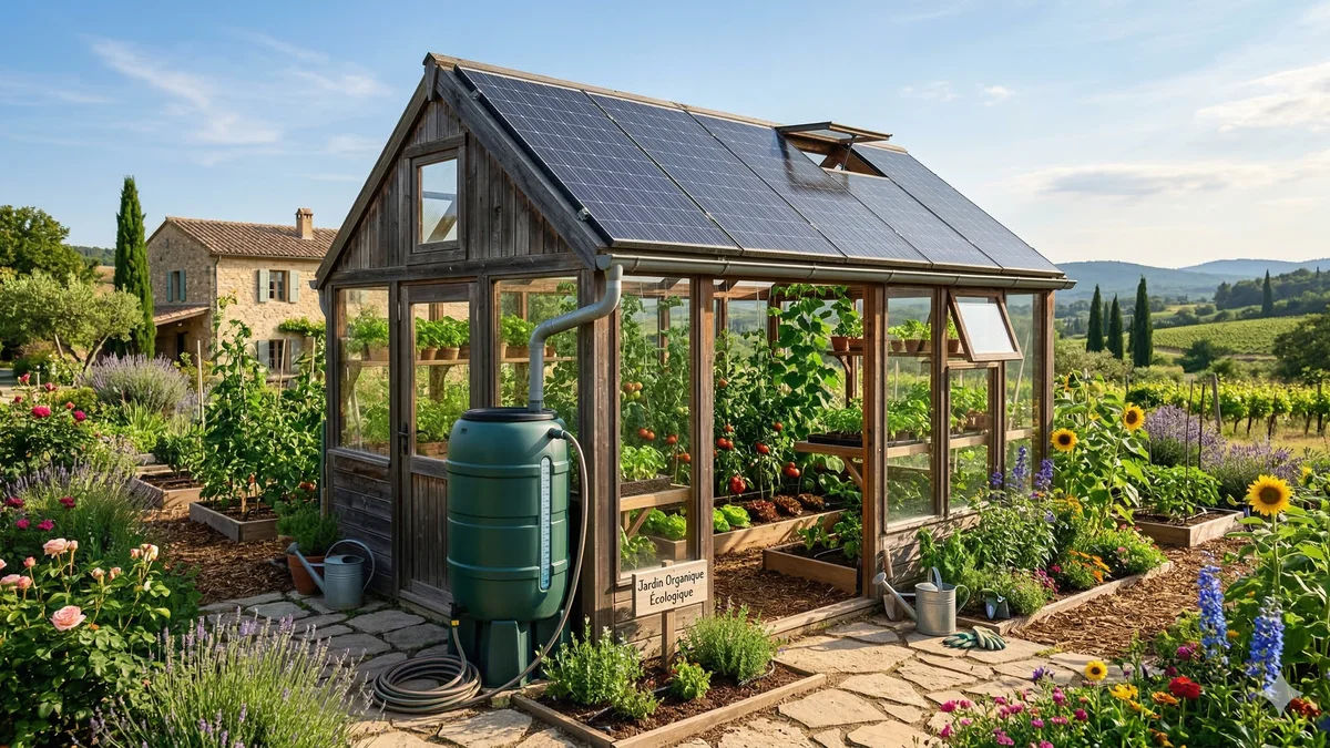 Serre de jardin éco-responsable avec panneaux solaires, récupérateur d'eau et matériaux recyclés