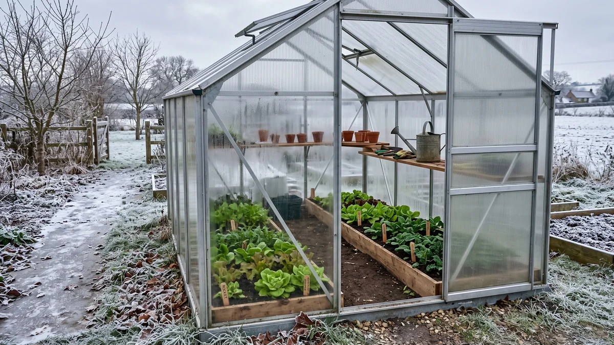 Serre de jardin froide en polycarbonate avec des salades et des plants de légumes en hiver