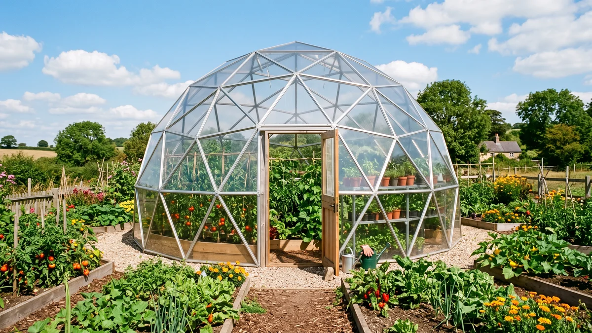 Serre géodésique en dôme composée de panneaux triangulaires en polycarbonate dans un jardin potager