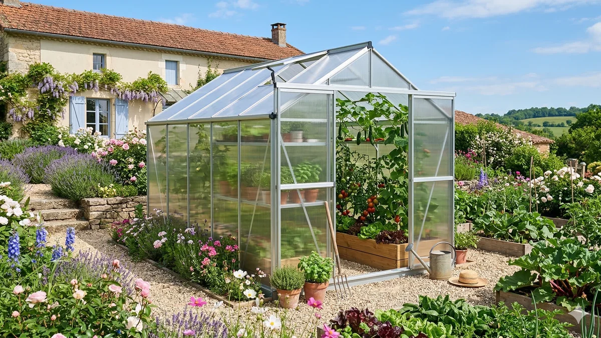 Serre de jardin en polycarbonate double paroi dans un jardin ensoleillé