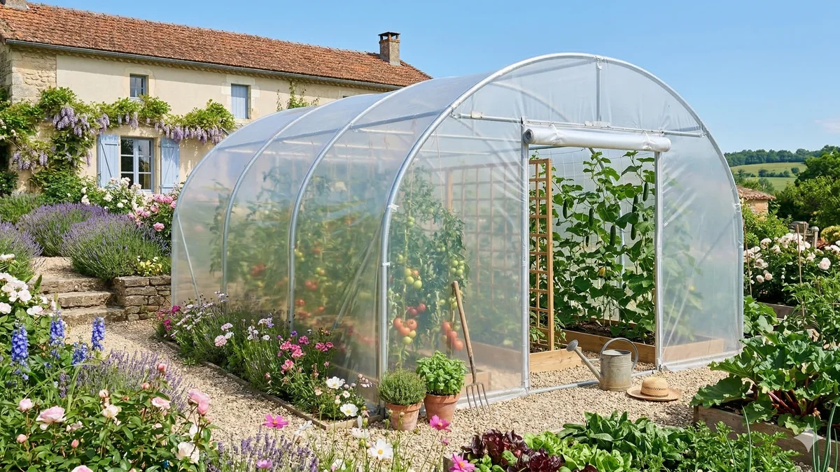 Grande serre tunnel en plastique dans un jardin potager avec des rangées de légumes