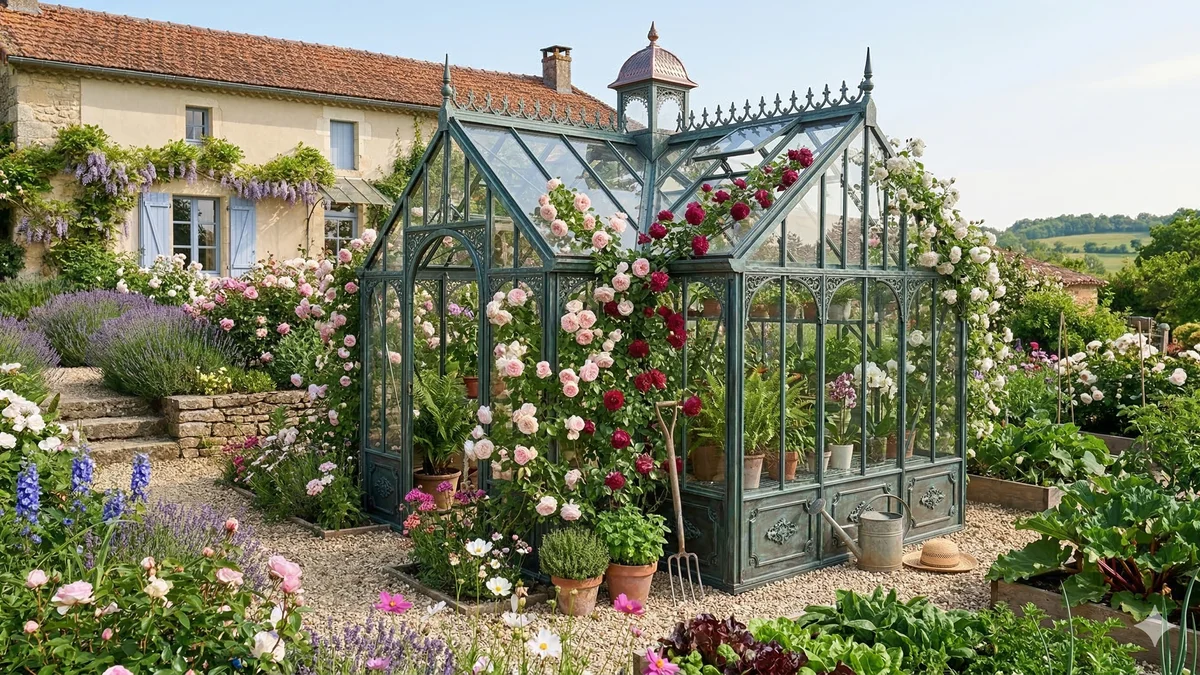 Serre de jardin en verre et aluminium de style victorien dans un jardin anglais