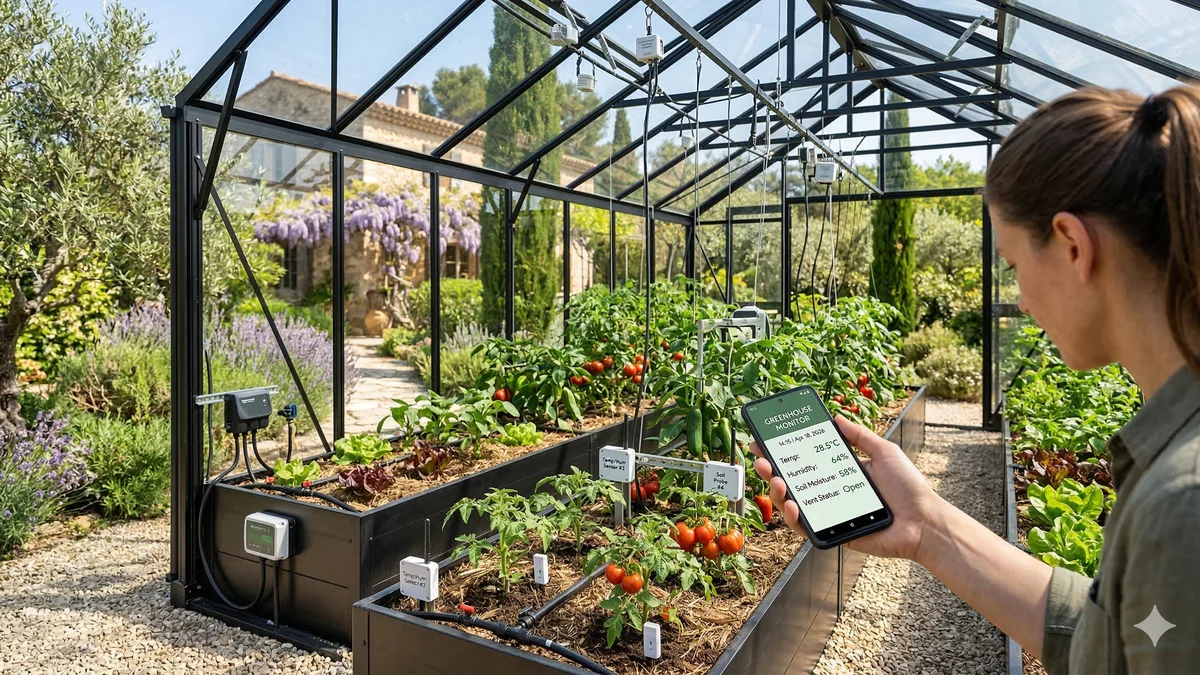 Serre de jardin connectée avec capteurs et smartphone affichant les données en temps réel