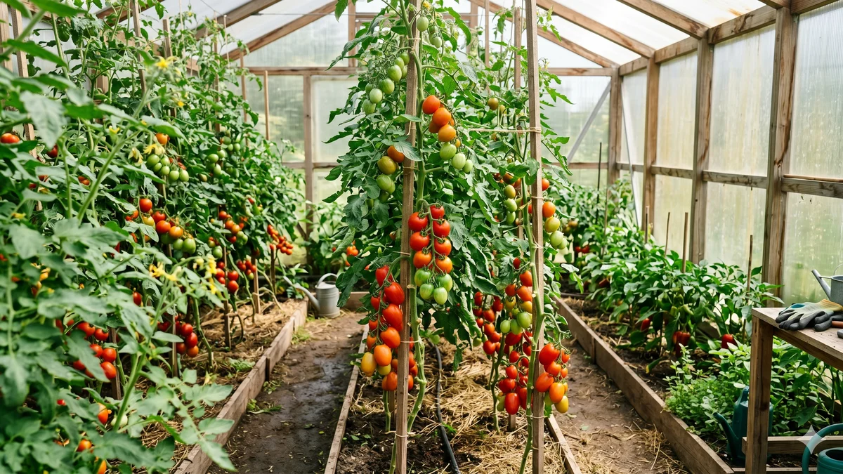 Plants de tomates en pleine croissance dans une serre de jardin avec grappes de tomates rouges et vertes sur les tiges