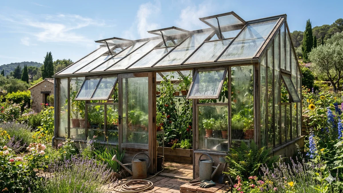 Ouvre-aérations ouverts sur le toit d'une serre de jardin par temps chaud